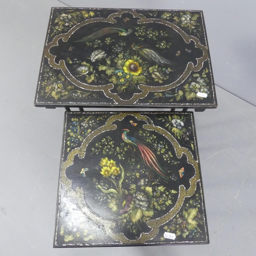 2253 - A graduated pair of Chinese black lacquered rectangular occasional tables, with inlaid mother of pea... 