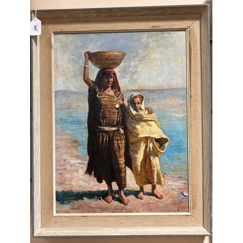 447 - A. Etyka, Arabian woman and child, oil on board, signed, 50cm x 37cm, framed