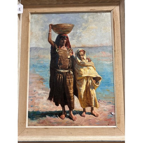 447 - A. Etyka, Arabian woman and child, oil on board, signed, 50cm x 37cm, framed