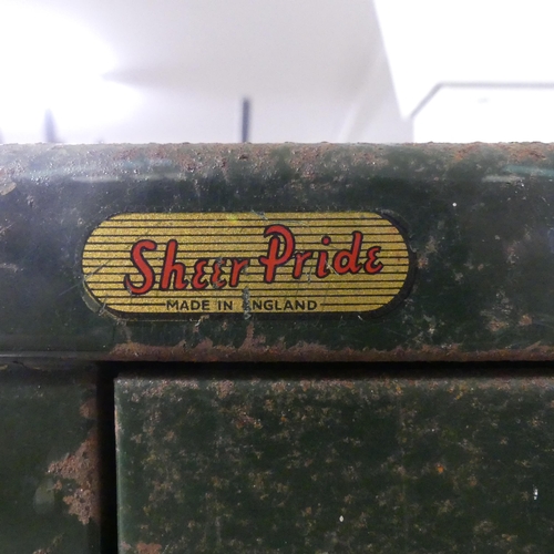 2329 - A vintage industrial painted metal four-drawer filing cabinet, labelled for Sheer Pride. Width 47cm,... 