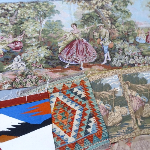 355 - A French tapestry, 170x67cm, and an embroidered wool shawl, 227x104cm, three tapestry cushion covers... 