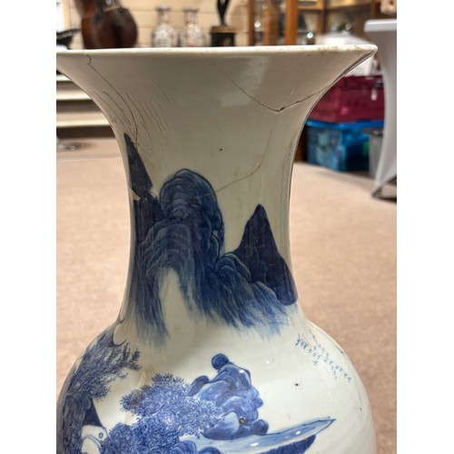 56 - A Chinese blue and white porcelain vase, with painted lake scenes, height 60cm, A/F