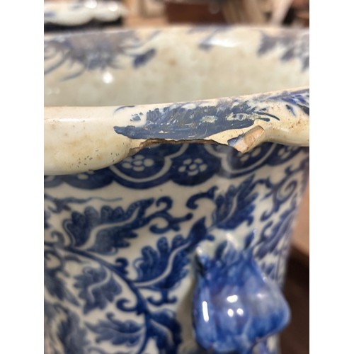 54 - A large pair of Chinese blue and white porcelain jars, with dragon handles, height 82cm, 1 A/F