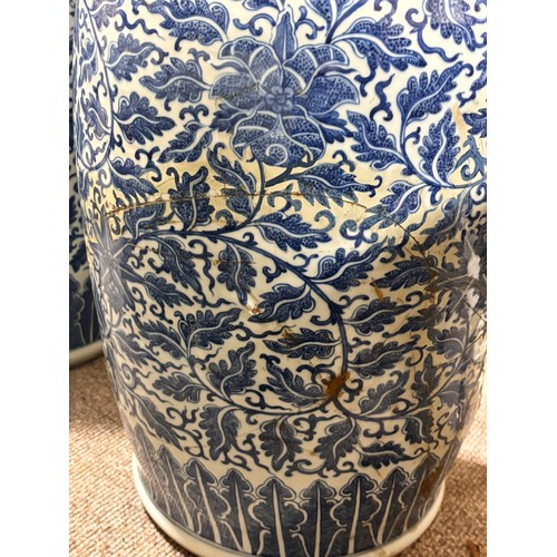 54 - A large pair of Chinese blue and white porcelain jars, with dragon handles, height 82cm, 1 A/F