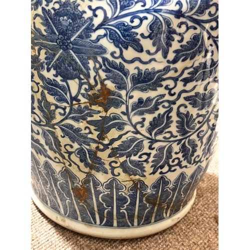 54 - A large pair of Chinese blue and white porcelain jars, with dragon handles, height 82cm, 1 A/F