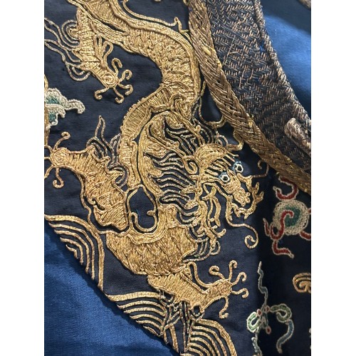 39 - A fine quality 19th century Chinese court robe, dark blue silk ground with gold thread hand embroide... 