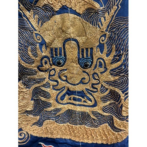 39 - A fine quality 19th century Chinese court robe, dark blue silk ground with gold thread hand embroide... 