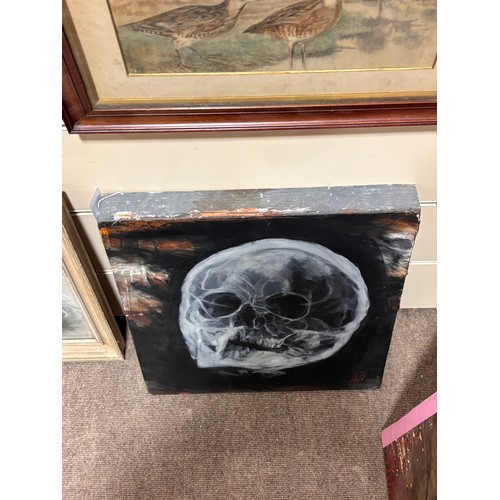 425 - Robert Sample, contemporary painting of skull x-ray, mixed media plaster and oil on board, signed, 4... 