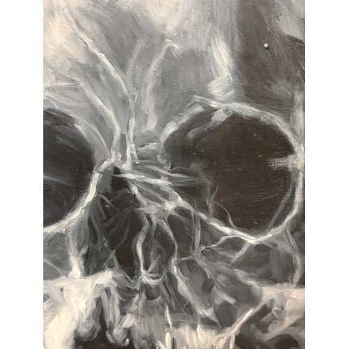 425 - Robert Sample, contemporary painting of skull x-ray, mixed media plaster and oil on board, signed, 4... 