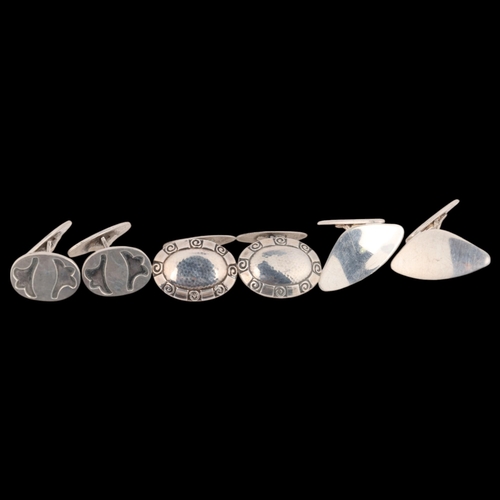 583 - 3 pairs of Danish silver cufflinks, makers include Christian Veilskov, largest 27.4mm, 25.3g total (... 