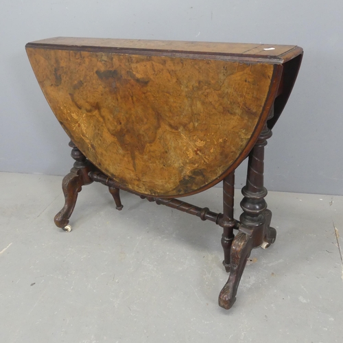 2311 - A Victorian burr-walnut veneered oval Sutherland drop-leaf table with inlaid decoration and turned s... 