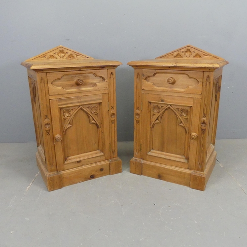 2335 - A pair of gothic pine pot cupboards, labelled for Keenpine. Width 51cm, height 79cm, depth 40cm.... 