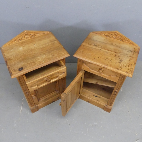 2335 - A pair of gothic pine pot cupboards, labelled for Keenpine. Width 51cm, height 79cm, depth 40cm.... 