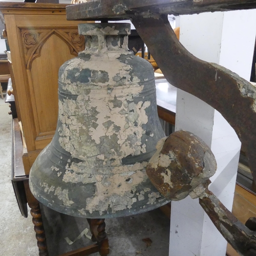 2336 - A large and impressive bronze bell on frame, with striking hammer. Overall frame dimensions, width 1... 