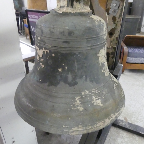 2336 - A large and impressive bronze bell on frame, with striking hammer. Overall frame dimensions, width 1... 