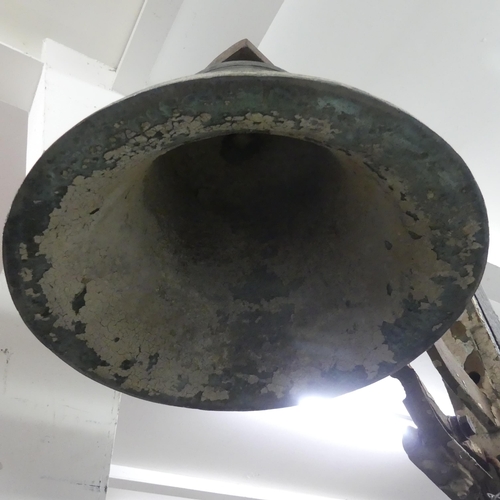 2336 - A large and impressive bronze bell on frame, with striking hammer. Overall frame dimensions, width 1... 