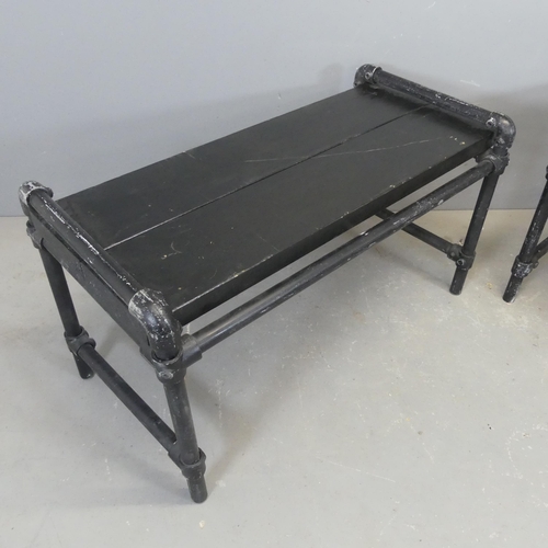 2344 - A pair of industrial style coffee tables, the painted plank tops on scaffold base. Length 100cm, hei... 