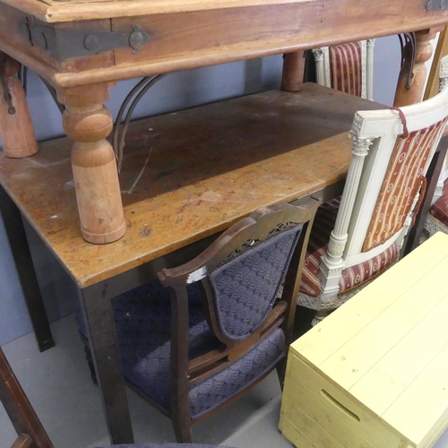 2375 - A vintage school table, length 120cm, height 72cm, width 60cm, a sheesham coffee table, three French... 