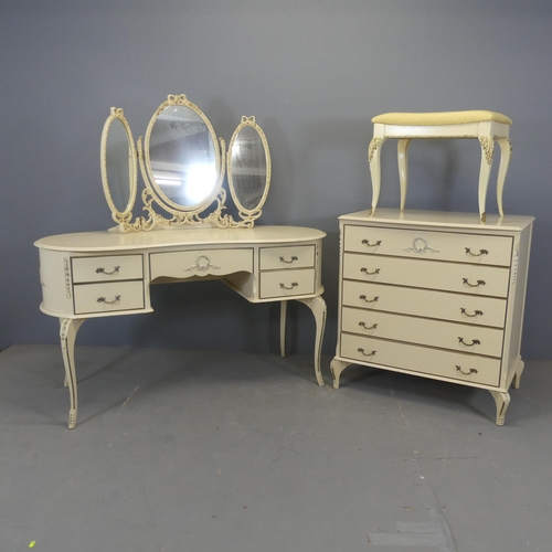 2379 - A continental style dressing table and stool, and a matching chest of five long drawers in the manne... 