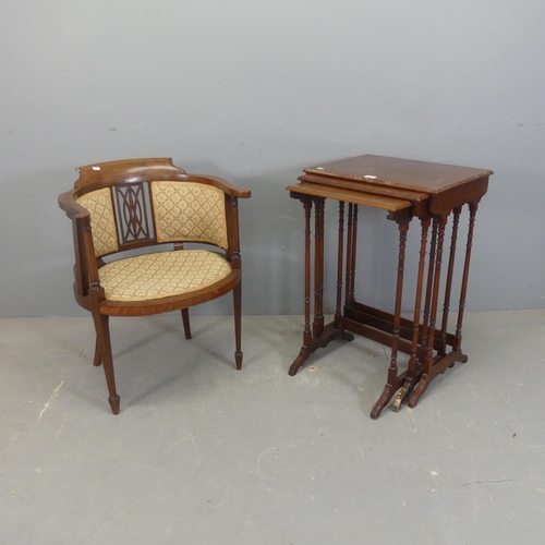 2439 - An Edwardian mahogany and upholstered hall chair with inlaid decoration, and a nest of three rectang... 