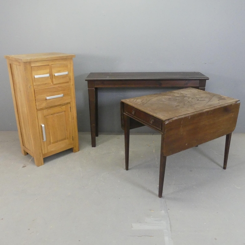 2443 - A modern light oak cabinet, width 50cm, height 98cm, depth 38cm, a stained pine console table, and a... 