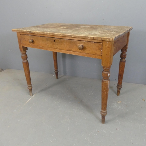 2457 - A Victorian pine plank top writing table, with single drawer and tapered legs. Width 96cm, height 74... 