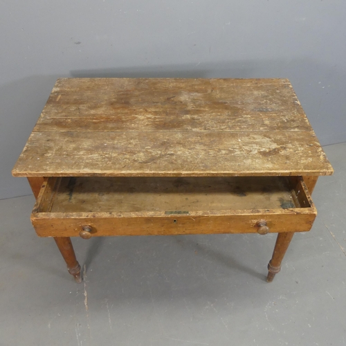 2457 - A Victorian pine plank top writing table, with single drawer and tapered legs. Width 96cm, height 74... 