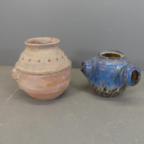 2459 - A Japanese glazed ceramic plant pot, and a terracotta plant pot with rope twist decoration. Largest ... 