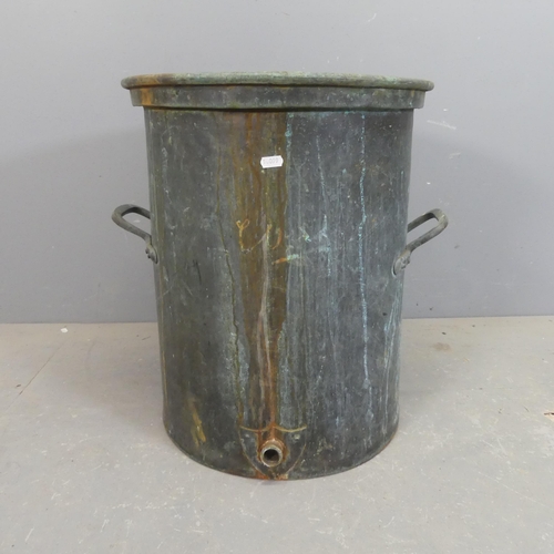 2464 - A cylindrical zinc lined copper two-handled planter. Diameter 
49cm, height 54cm.