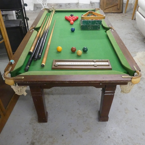 2474 - A slate based quarter size snooker table, with ADAC scoreboard (missing one slide) and a selection o... 