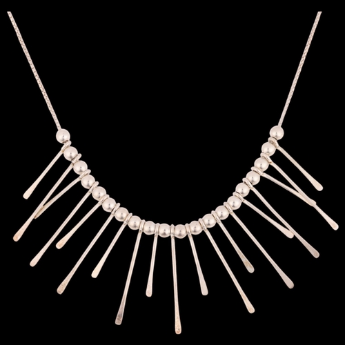 634 - A modernist sterling silver fringe necklace, with paddle and bead drops, 38cm, 9.3g