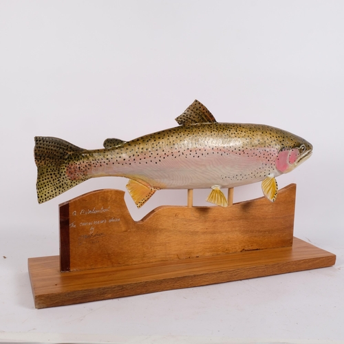 116 - Clive Fredriksson, a carved and painted wood study of a trout, mounted on board, W68cm, H40cm