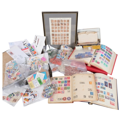 132 - A framed sheet of Penny Reds, various First Day Covers, stock books, Mint stamps, etc