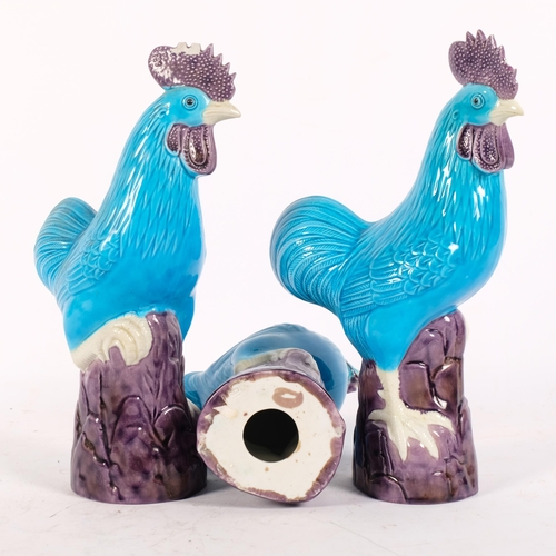 146 - 3 Chinese design turquoise cockerel figures, H25cm