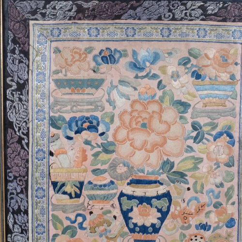 155 - 3 Antique Chinese embroidered silk panels, including a pictorial panel of flowers in a vase, all fra... 