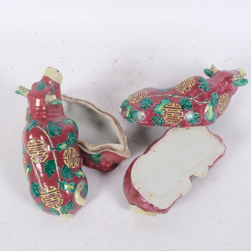 166 - A pair of Chinese ox red glazed boxes and covers, L20cm, H10.5cm