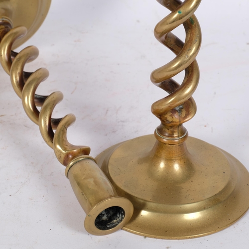 187 - A pair of Antique brass open spiral twist candlesticks, H30cm