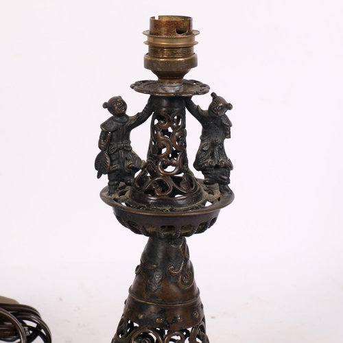 198 - An Art Nouveau design patinated spelter figural table lamp and shade, on slate base, overall height ... 