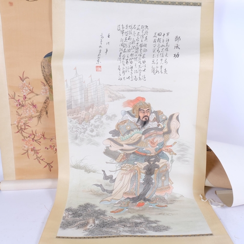 201 - 3 Chinese printed scrolls, depicting cherry blossom, birds of paradise and a study of a warrior