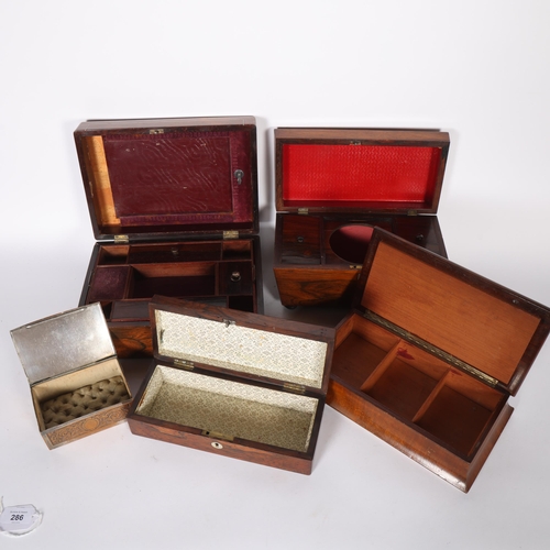 286 - 5 Antique boxes, including 19th century mother-of-pearl inlaid rosewood sewing box, rosewood sarcoph... 