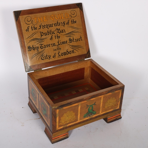 306 - SHIP TAVERN, LIME STREET, CITY OF LONDON - a specimen wood box, with ship sailing scene lid, and tex... 