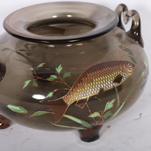 332 - MOSER - an Art Nouveau smoked glass fish bowl, with enamelled decoration and twin heart handles, uns... 