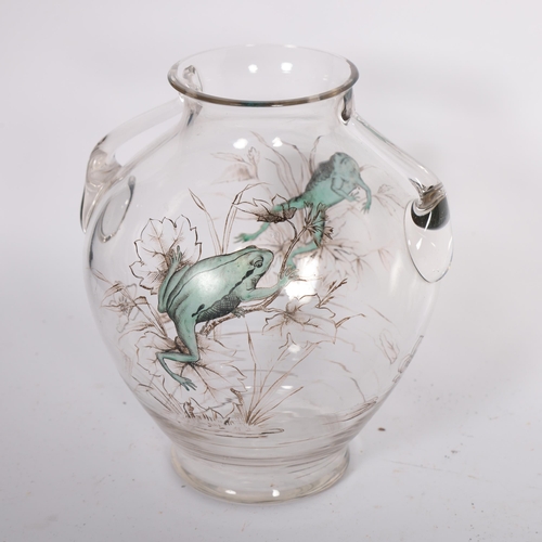 333 - A Vintage clear glass 'Frog' 2-handled vase, unsigned, 17cm