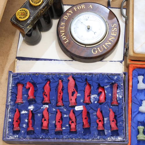 351 - A Guinness barometer, boxed chessmen and another part set, lamp, etc