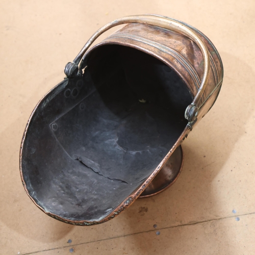 362 - A Victorian copper coal scuttle, with banded decoration, L43cm