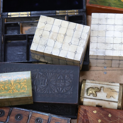 371 - Various decorative boxes, including bone inlaid, Vintage jewel case with tray-fitted interior, etc