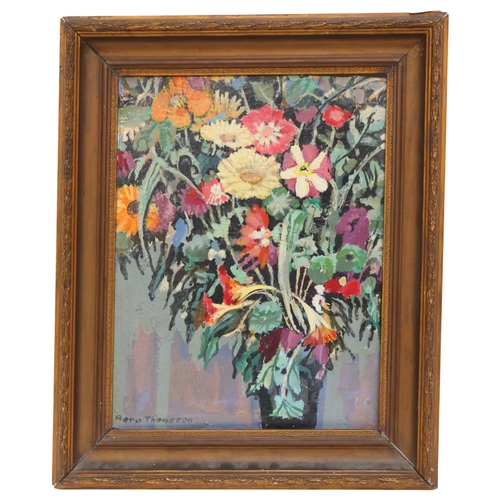 383 - R (Reno?) Thompson, an oil on board, still life study flowers in vase, signed bottom left-hand corne... 