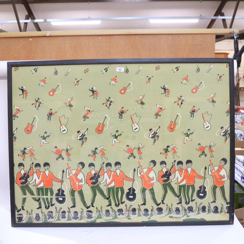 384 - A large mid-century Beatles fabric panel showing musicians and dancers above a repeat of The Fab Fou... 