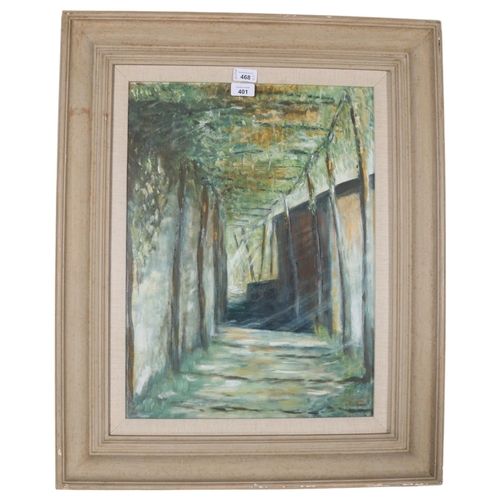 401 - A garden pergola, contemporary oil on board, unsigned, 54cm x 40cm, framed