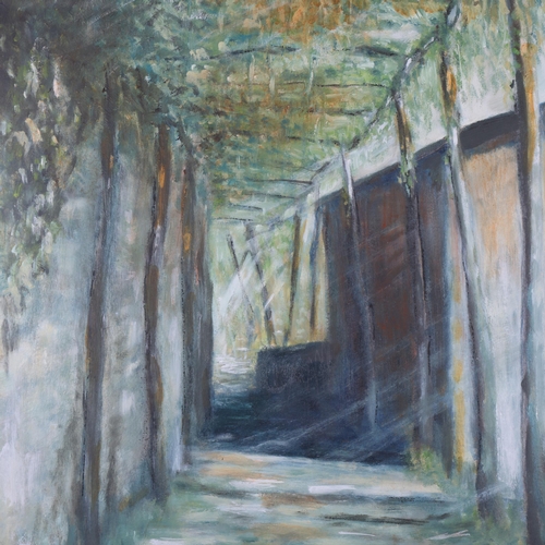 401 - A garden pergola, contemporary oil on board, unsigned, 54cm x 40cm, framed